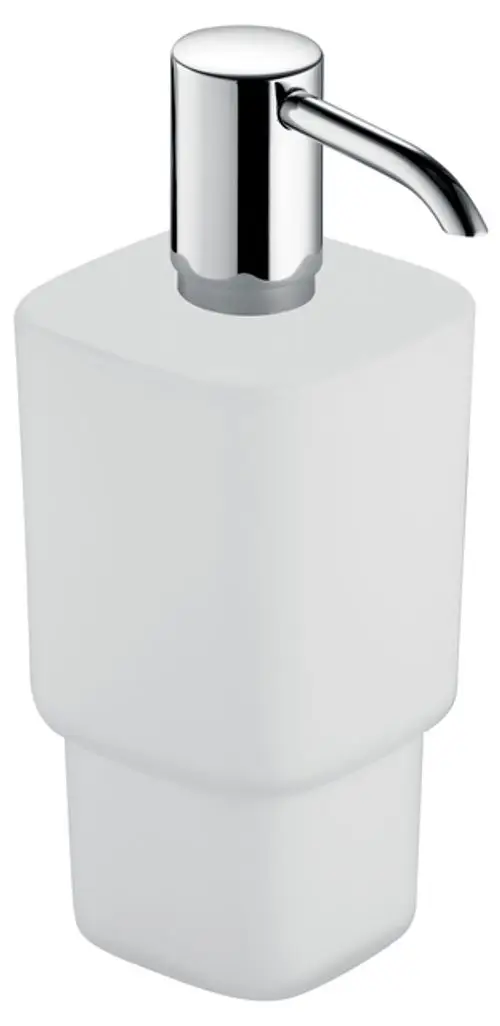 Lotionspender aus opalglas mit mattierter Oberfläche von Keuco, ausgestattet mit einem hochglänzenden Pumpspender. Ideal für Tisch- oder Waschtischnutzung.